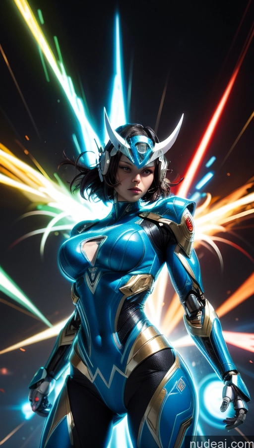 ai nude image of a close up of a woman in a blue and gold costume pics of Several Israel Superhero Abs Perfect Boobs Powering Up Science Fiction Style Dynamic View SSS: A-Mecha Musume A素体机娘 Neon Lights Clothes: Blue Superheroine Muscular