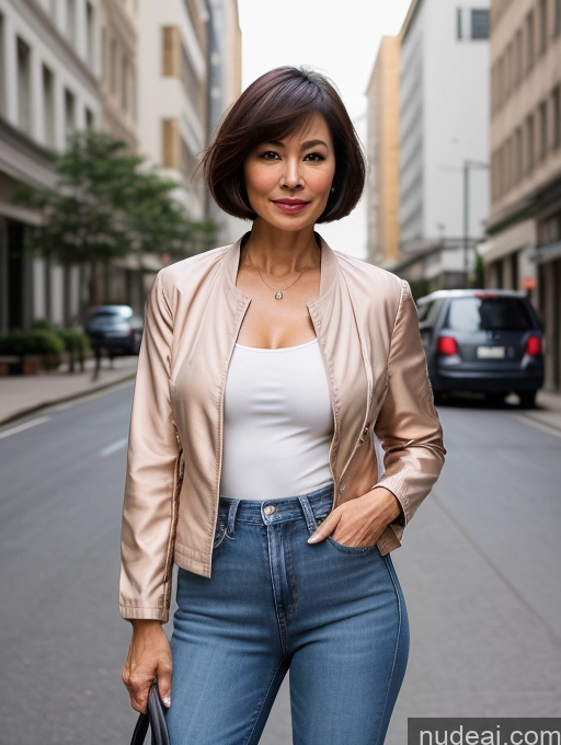 ai nude image of araffe woman in a tan jacket and jeans standing on a city street pics of Woman Small Tits Perfect Body Beautiful 60s Asian Casual Blouse Jeans Jacket High Heels Cleavage Short Hair