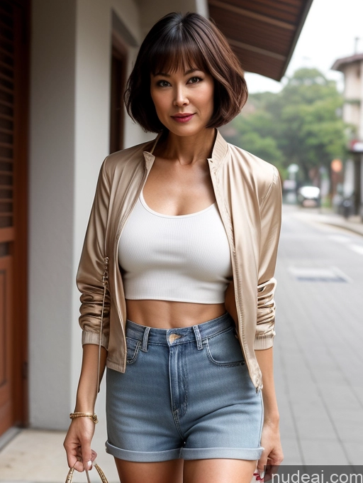 ai nude image of araffe woman in a tan jacket and denim shorts walking down a street pics of Woman Small Tits Perfect Body Beautiful 60s Asian Casual Blouse Jeans Jacket High Heels Cleavage Short Hair Partially Nude