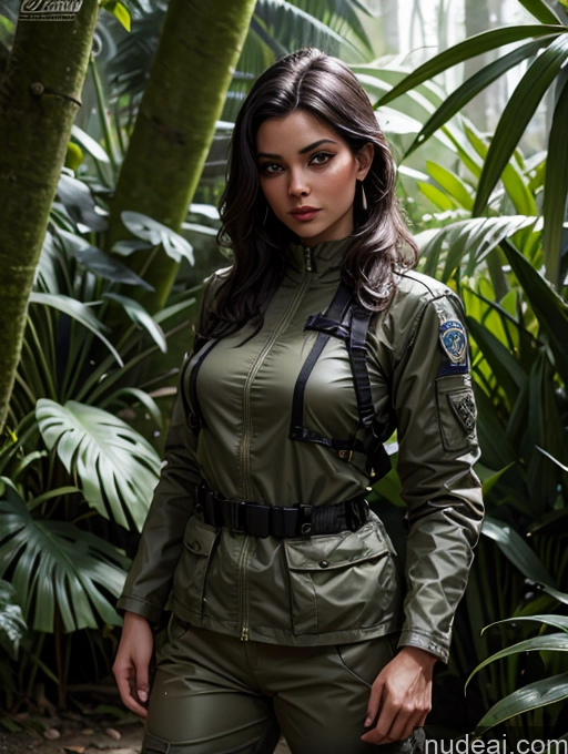 ai nude image of araffe woman in a green uniform posing in a jungle pics of Detailed Dark Lighting Sports Sci-fi Armor Salwar Parka Police Military Jungle British Muscular Woman