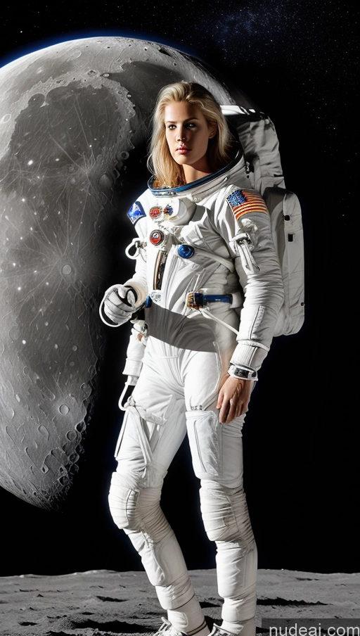 ai nude image of astronaut posing for a picture in front of a moon pics of Long Legs Perfect Body Pubic Hair Lipstick Serious Blonde Long Hair Scandinavian Space Suit Moon 20s Huge Boobs