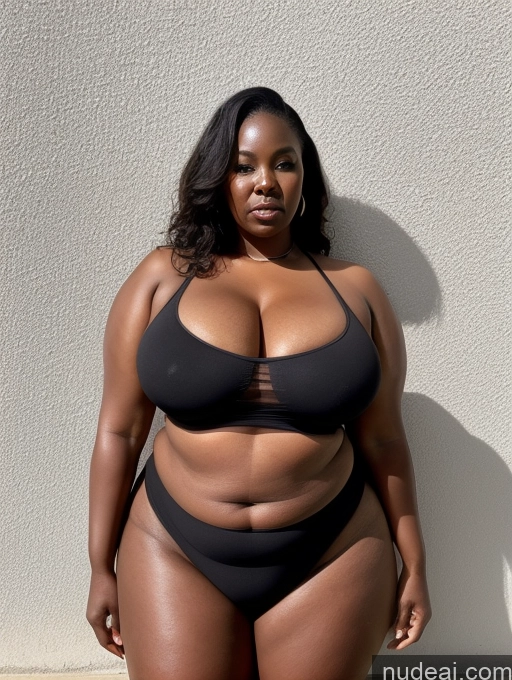 ai nude image of araffe woman in a black bikini posing for a picture pics of Milf Busty Huge Boobs Big Ass Big Hips Thick Chubby 80s Serious African Front View Casual Traditional Transparent Partially Nude Spreading Legs