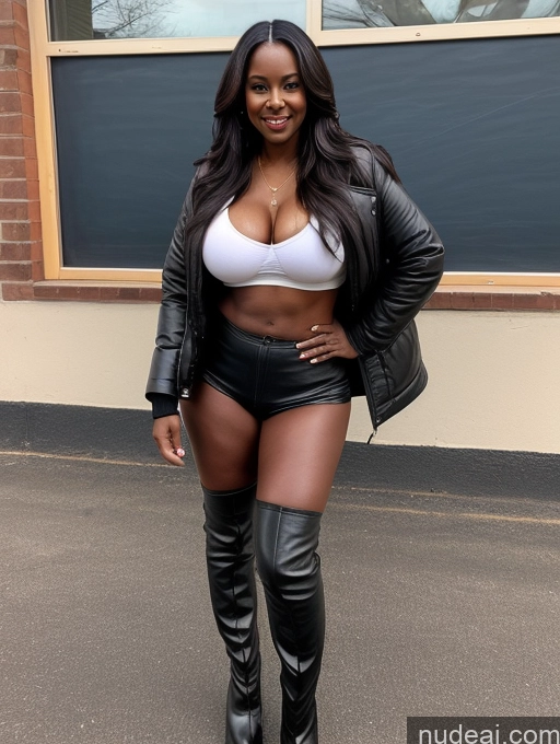 ai nude image of araffe woman in black leather shorts and boots posing for a picture pics of Busty Perfect Boobs Beautiful Abs Perfect Body Dark Skin 60s Long Hair Soft + Warm Front View Boots Jacket Leather Teacher