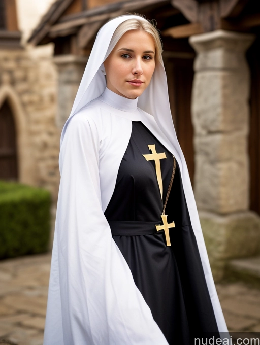 ai nude image of nun in black and white outfit with cross and gold cross pics of Woman Two Small Tits Blonde White Dark Fantasy Front View Nun Medieval Detailed