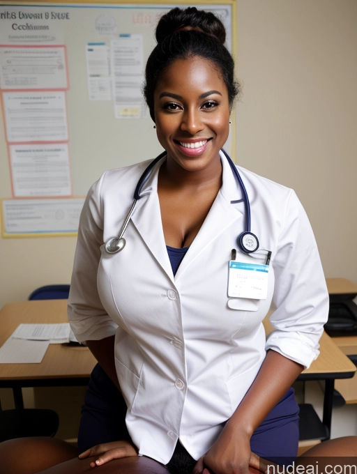 ai nude image of smiling woman in white lab coat sitting on desk with laptop pics of Busty Beautiful Skinny 20s Black Hair Bun Brunette Dark Skin Huge Boobs Doctor Happy Cleavage Laughing Straddling Teacher