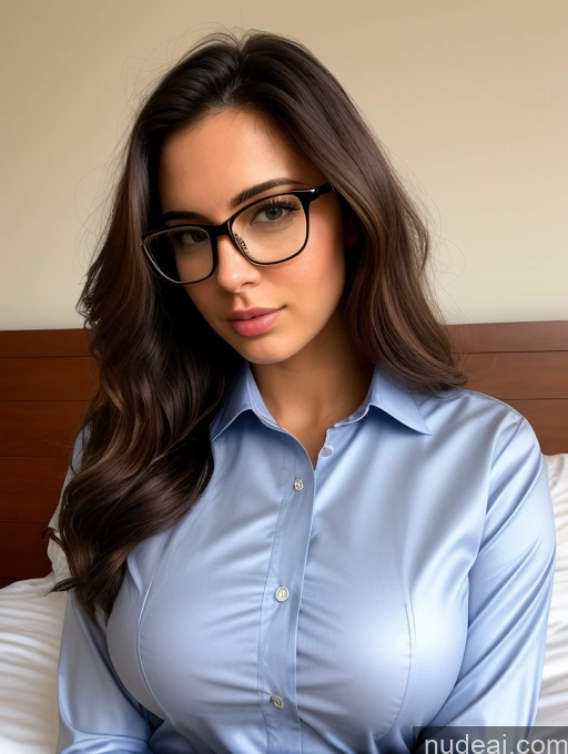 ai nude image of arafed woman in glasses sitting on a bed with a laptop pics of Model One Beautiful Glasses 18 Sexy Face Shocked Brunette Long Hair Bedroom Shirt Busty Small Tits Perfect Body