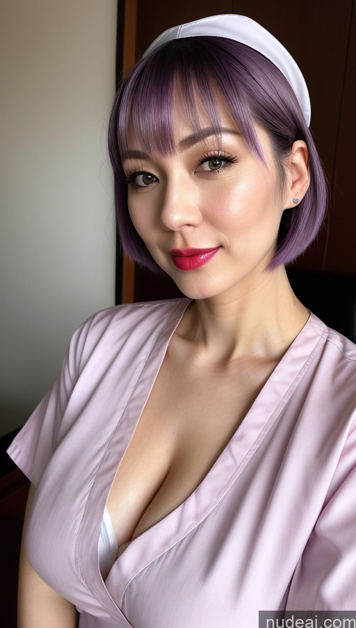 ai nude image of arafed woman with purple hair and a white headband posing for a picture pics of Woman One Huge Boobs Beautiful Lipstick Fairer Skin Close-up View Detailed Purple Hair Bobcut Japanese 30s Nurse