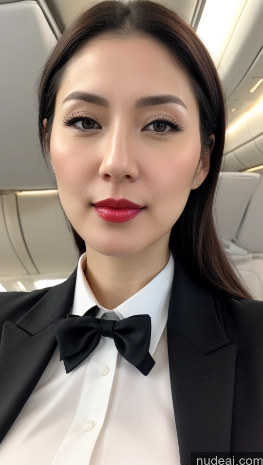 ai nude image of arafed woman in a black suit and bow tie on an airplane pics of Woman One Huge Boobs Beautiful Lipstick Fairer Skin Close-up View Detailed 30s Black Hair Slicked Korean Flight Attendant