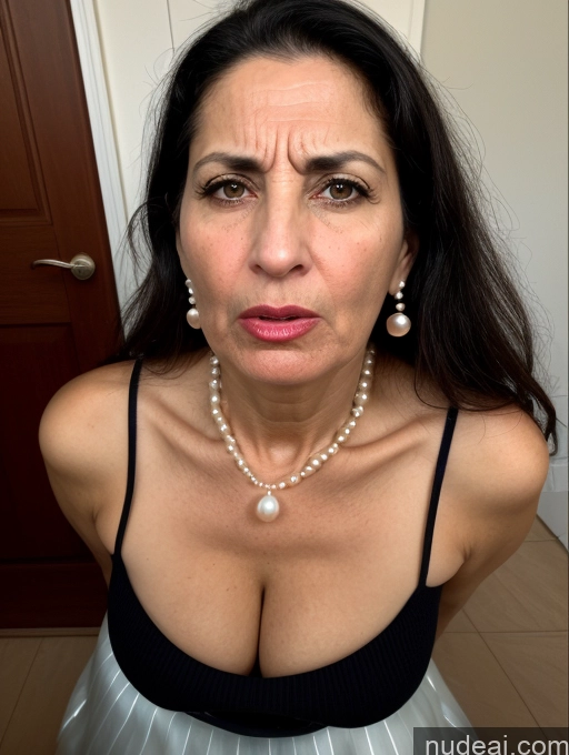 ai nude image of there is a woman with a very large breast and a necklace pics of Milf Busty Skinny Short Lipstick 50s Angry Shocked Black Hair Long Hair Jewish Front View Dress Long Skirt Sweater Pearl Jewelry