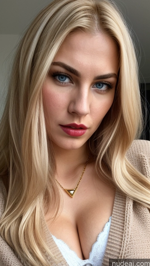 ai nude image of blond woman with blue eyes and a heart necklace posing for a picture pics of Busty Perfect Body Pubic Hair Lipstick Blonde Long Hair Scandinavian Diamond Jewelry Gold Jewelry Pearl Jewelry 18 Cleavage Sweater Angry T-pose