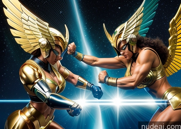 ai nude image of two women in gold and blue costumes fighting with each other pics of Several Bodybuilder Abs Perfect Boobs Egyptian Hawkgirl Regal Powering Up Science Fiction Style SSS: A-Mecha Musume A素体机娘