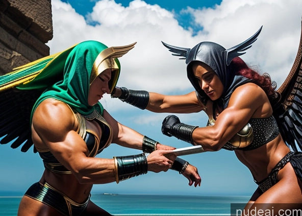 ai nude image of two women in costumes are fighting with swords near the ocean pics of Several Bodybuilder Abs Perfect Boobs Egyptian Hawkgirl Regal Powering Up Science Fiction Style Fantasy Armor