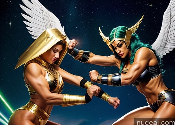 ai nude image of two women in costumes are fighting with each other in the sky pics of Several Bodybuilder Abs Perfect Boobs Egyptian Hawkgirl Regal Powering Up Science Fiction Style Fantasy Armor