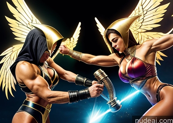 ai nude image of two women in costumes are fighting with swords in a dark room pics of Several Bodybuilder Abs Perfect Boobs Egyptian Hawkgirl Regal Powering Up Science Fiction Style Fantasy Armor