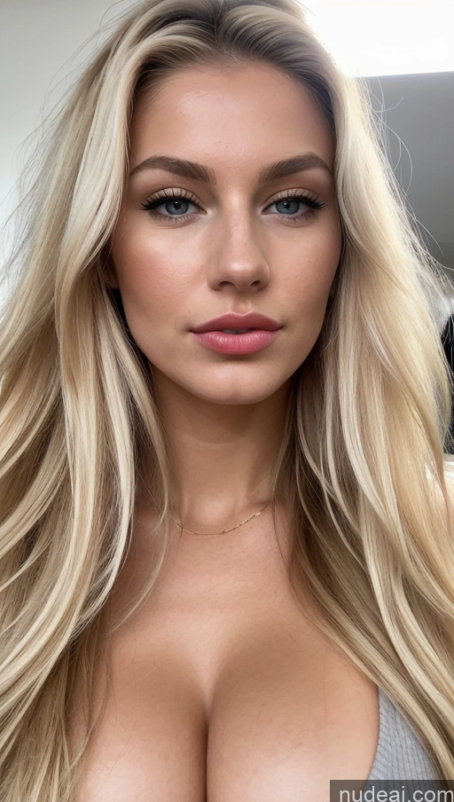 ai nude image of a close up of a woman with long blonde hair and a gray top pics of Pubic Hair Perfect Body Long Legs Pouting Lips Blonde Long Hair Scandinavian Tank Top Cleavage Gold Jewelry 18 Huge Boobs Lipstick