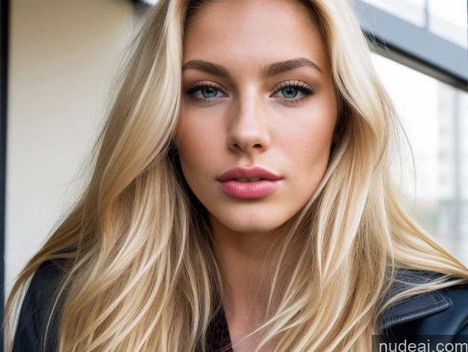 ai nude image of blond woman with long hair and blue eyes wearing a black jacket pics of Pubic Hair Perfect Body Long Legs Pouting Lips Blonde Long Hair Scandinavian Gold Jewelry 18 Huge Boobs Lipstick Trench Coat