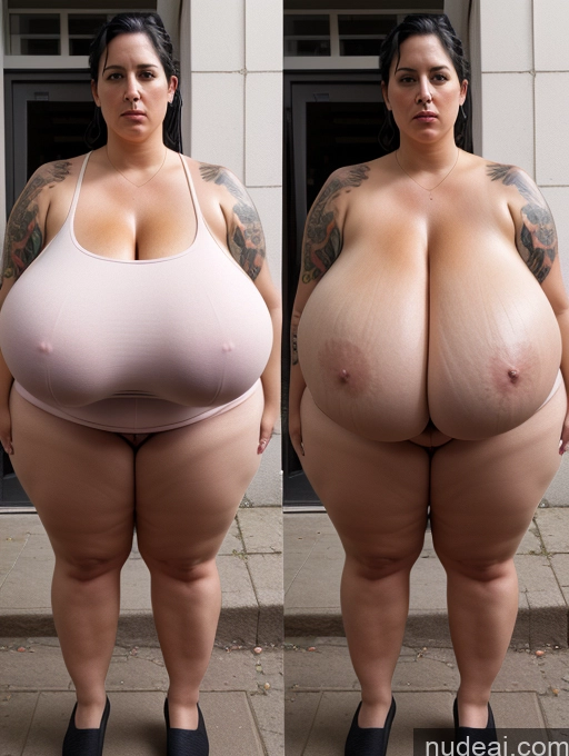 ai nude image of there are two pictures of a woman with huge breasts and a man with a tattoo pics of Busty Huge Boobs Tattoos Big Ass Skinny Big Hips Short Pubic Hair 50s Serious Black Hair Slicked German Street Onoff