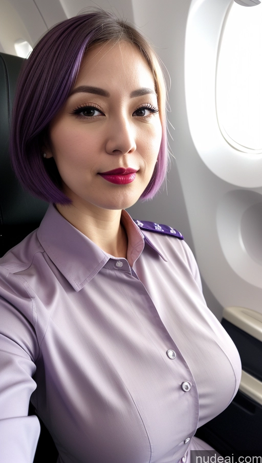 ai nude image of arafed woman with purple hair sitting in an airplane seat pics of Woman One Huge Boobs Beautiful Lipstick Fairer Skin 30s Purple Hair Bobcut Japanese Close-up View Flight Attendant