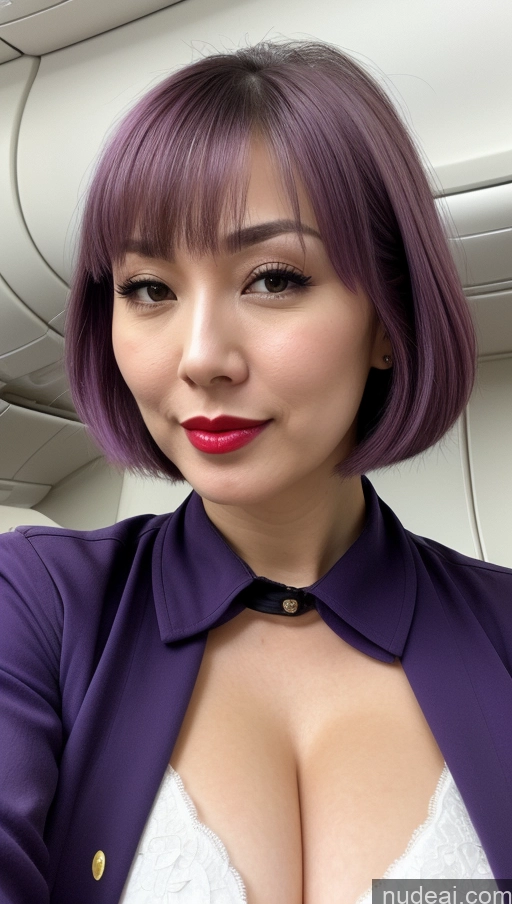 ai nude image of arafed woman with purple hair and a purple jacket on pics of Woman One Huge Boobs Beautiful Lipstick Fairer Skin 30s Purple Hair Bobcut Japanese Close-up View Flight Attendant