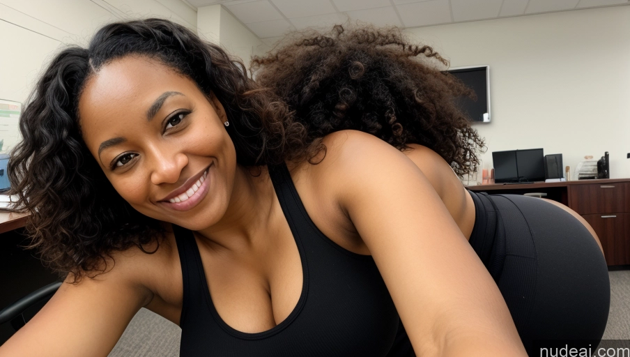 ai nude image of smiling woman in black top and black leggings sitting on a chair pics of Wife Or Girlfriend Busty Big Ass Thick Big Hips Short Pubic Hair Dark Skin 40s Happy Black Hair Curly Hair Black Office Full Frontal Tank Top Yoga Pants Cleavage Detailed