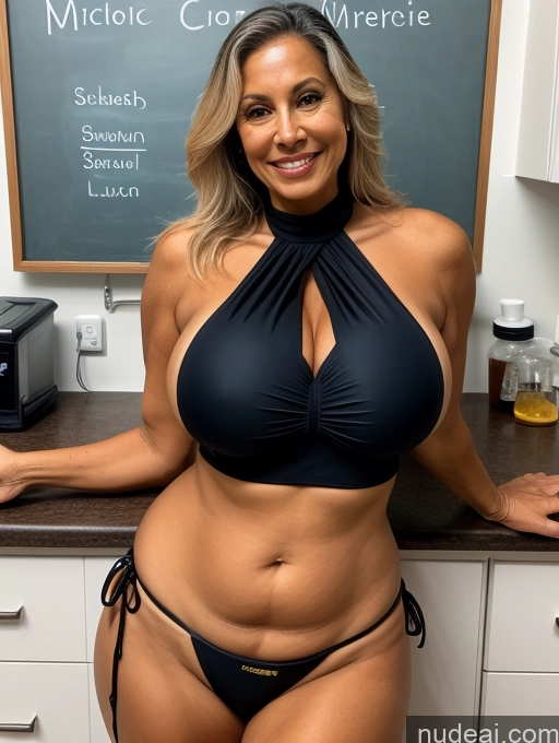 ai nude image of arafed woman in a black bikini posing in front of a chalkboard pics of Milf One Busty Huge Boobs Tanned Skin Front View Microkini Thong 60s Brazilian Lab Coat Professor