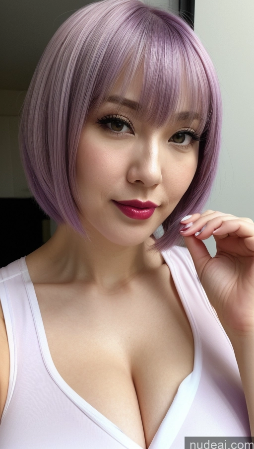 ai nude image of arafed woman with purple hair and a white tank top pics of Woman One Huge Boobs Beautiful Lipstick Fairer Skin 30s Bobcut Japanese Close-up View Purple Hair Detailed Cosplay