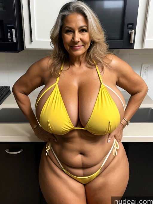 ai nude image of arafed woman in a yellow bikini posing for a picture pics of Milf One Busty Huge Boobs Tanned Skin Front View Microkini Thong T-pose 70s Brazilian Lab Coat Professor