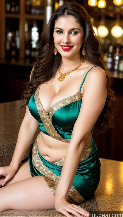 ai nude image of araffe woman in green dress sitting on counter in front of bar pics of Milf Busty Beautiful Lipstick Fairer Skin 20s Happy Seductive Brunette Long Hair Russian Bar Front View Straddling Sari Blouse Dirndl Victorian Cleavage Gold Jewelry Thick Chubby Big Hips Fat