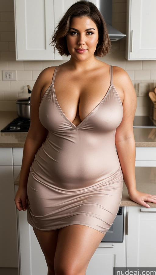 ai nude image of araffe woman in a dress posing in a kitchen with a stove pics of Woman Busty Beautiful Big Ass Fat Big Hips Pubic Hair Short Hair British Nude Dark Lighting Kitchen Nightgown Front View Auntjunev3 Thick Chubby Abs