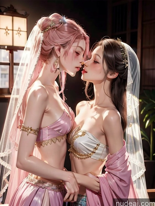 ai nude image of two women in pink dresses are kissing each other pics of Model Beautiful Skinny 18 Long Hair Pink Hair Japanese Two China Goddess Fashion Kisses Bedroom