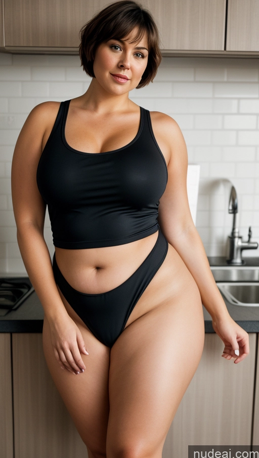 ai nude image of there is a woman in a black bikini posing in a kitchen pics of Woman Busty Beautiful Big Ass Abs Thick Chubby Fat Big Hips Pubic Hair Short Hair British Kitchen Front View Nude Dark Lighting Auntjunev3 Tank Top