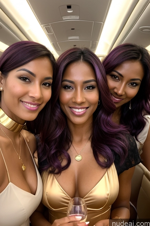 ai nude image of three women in gold dresses are posing for a picture pics of Two Tanned Skin Dark Skin Happy Seductive Sexy Face Purple Hair Gold Jewelry Wine High Heels Boots Malaysian Transparent Flight Attendant Oiled Body