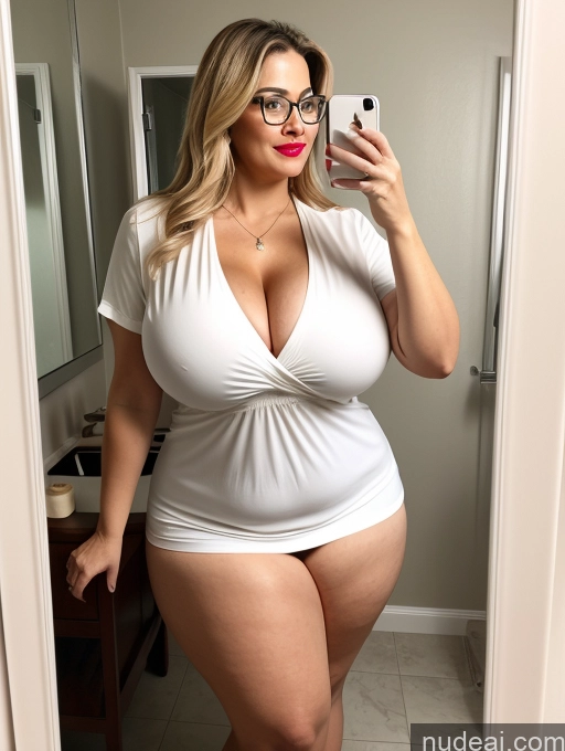 ai nude image of araffe woman taking a selfie in a bathroom mirror pics of Milf Busty Huge Boobs Glasses Beautiful Lipstick Big Ass Thick Chubby Big Hips Short Sexy Face Blonde Latina Mirror Selfie Bathroom Blouse