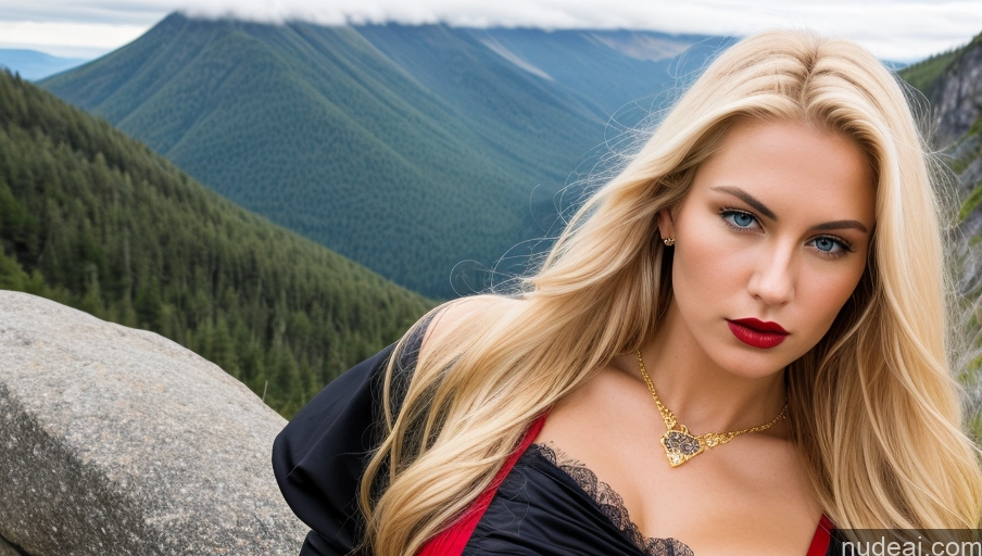 ai nude image of blond woman with blue eyes and red dress posing on a rock pics of Busty Perfect Body Pubic Hair Long Legs 18 Angry Blonde Long Hair Scandinavian Mountains Witch Lipstick Beautiful Cleavage Diamond Jewelry Gold Jewelry