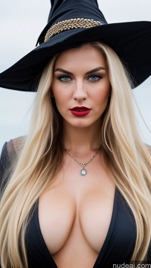 ai nude image of arafed blonde woman in a black hat and black dress pics of Perfect Body Pubic Hair Long Legs 18 Angry Blonde Long Hair Scandinavian Witch Lipstick Cleavage Pearl Jewelry Busty