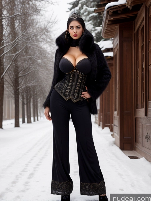 ai nude image of araffe woman in black outfit posing in snow covered area pics of One Busty Huge Boobs Perfect Boobs Muscular Big Ass Abs Big Hips 20s Seductive Black Hair Slicked Snow Fur Goth Harem Pants Sweater Vampire Victorian Dark Lighting Simple Sexy Face Huge Tits, Hard Nipples Miss Universe Model Ottoman Asena