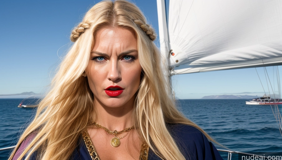 ai nude image of blond woman with blue eyes and red lipstick on a boat pics of Busty Pubic Hair Perfect Body Long Legs Blonde Long Hair Scandinavian Gold Jewelry Lipstick Angry Viking Yacht