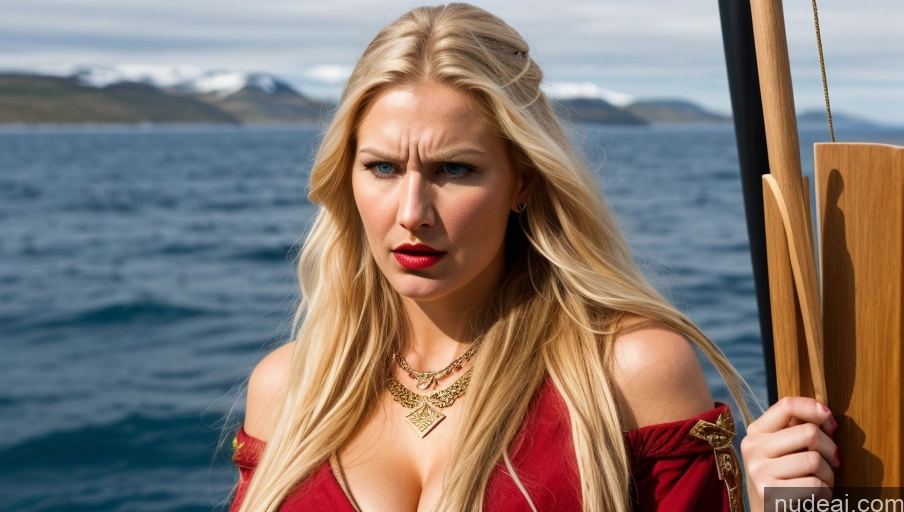 ai nude image of blond woman in red dress on boat with mountains in background pics of Busty Pubic Hair Perfect Body Long Legs Blonde Long Hair Scandinavian Gold Jewelry Lipstick Angry Viking Yacht 30s