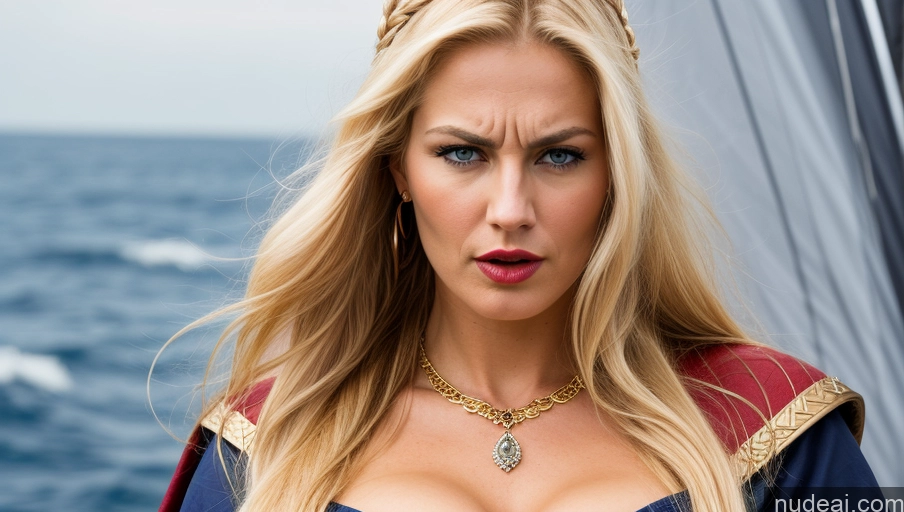 ai nude image of blond woman in medieval dress with a very big breast pics of Busty Pubic Hair Perfect Body Long Legs Blonde Long Hair Scandinavian Gold Jewelry Lipstick Angry Viking Yacht 30s Diamond Jewelry Cleavage