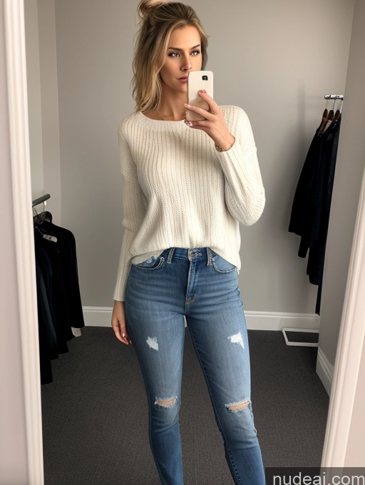 ai nude image of arafed woman taking a selfie in a mirror in a room pics of Big Ass Long Legs Perfect Body Fairer Skin 20s Serious Seductive Sexy Face Blonde German Woman One Dark Lighting Shirt Sweater Jeans High Heels Hair Bun Changing Room Front View Mirror Selfie