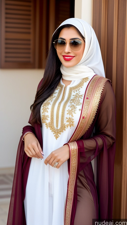 ai nude image of araffe wearing a white and maroon outfit and sunglasses pics of Woman Sunglasses Lipstick Small Ass Long Legs Tall Pubic Hair Fairer Skin 20s Happy Black Hair Bobcut Thick Arabic Salwar Niqab Perfect Boobs