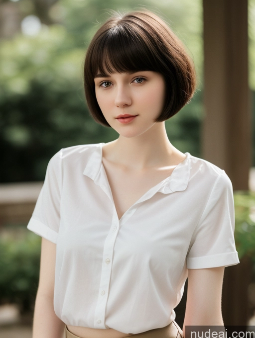 ai nude image of arafed woman with short hair wearing a white shirt and tan skirt pics of Small Tits Beautiful Fairer Skin Skinny 18 Black Hair Short Hair Russian Close-up View Shirt