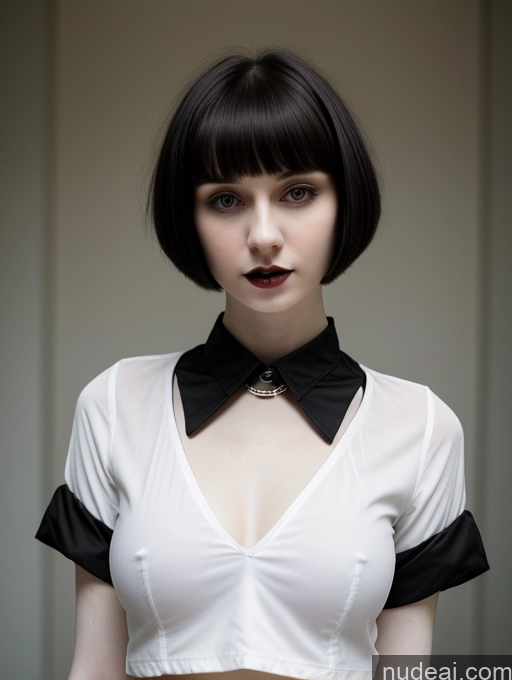 ai nude image of there is a woman with a black collar and a white top pics of Small Tits Beautiful Fairer Skin Skinny 18 Black Hair Short Hair Russian Close-up View Shirt Goth