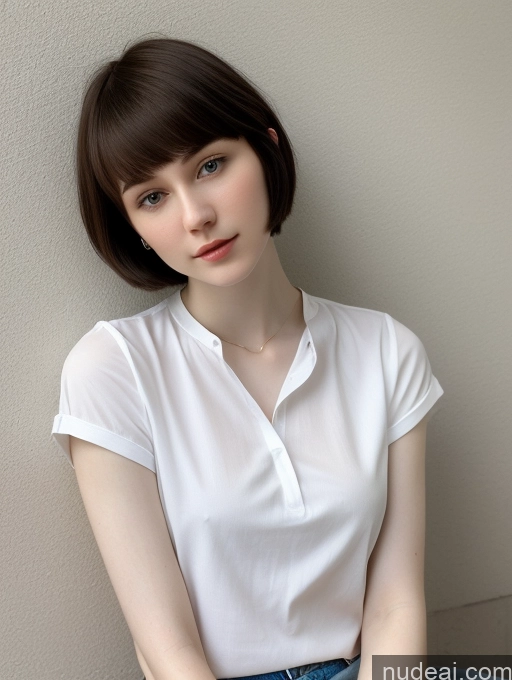 ai nude image of arafed woman sitting on a stool with a white shirt on pics of Small Tits Beautiful Fairer Skin Skinny 18 Black Hair Short Hair Russian Close-up View Shirt