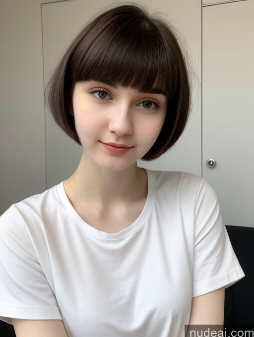 ai nude image of arafed woman with short brown hair and a white shirt pics of Small Tits Beautiful Fairer Skin Skinny 18 Black Hair Short Hair Russian Close-up View Shirt Sorority