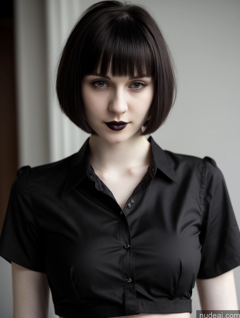 ai nude image of arafed woman with black lipstick and a black shirt pics of Small Tits Beautiful Fairer Skin Skinny 18 Black Hair Short Hair Russian Close-up View Shirt Goth