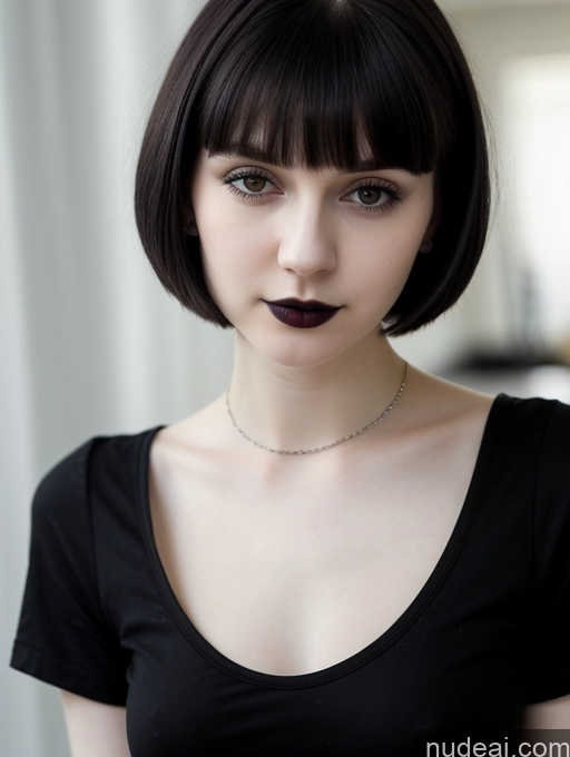 ai nude image of arafed woman with a black shirt and a necklace with a choke pics of Small Tits Beautiful Fairer Skin Skinny 18 Black Hair Short Hair Russian Close-up View Shirt Goth