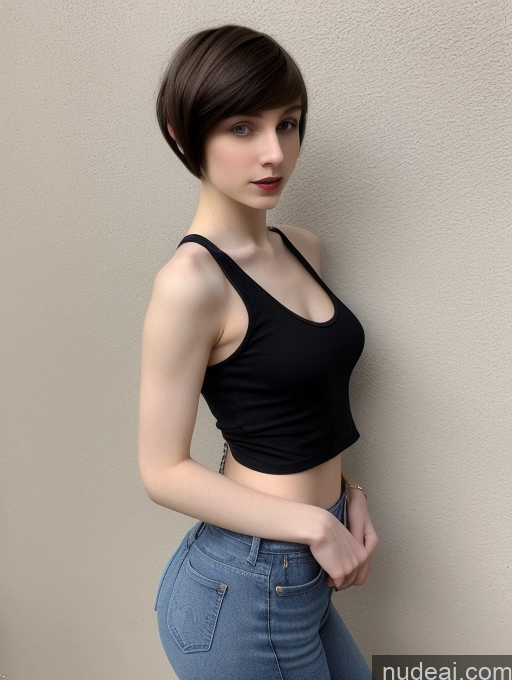 ai nude image of arafed woman in a black top and jeans leaning against a wall pics of Brunette Small Tits Small Ass Skinny Beautiful Fairer Skin Short Hair Russian Goth Jeans Tank Top 18 Detailed