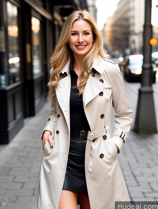 ai nude image of blond woman in trench coat and black dress walking down a city street pics of Woman One Big Ass Long Legs Perfect Body Fairer Skin 20s Blonde Long Hair Russian Front View Working Out Bright Lighting Dark Lighting Trench Coat High Heels Street Happy Laughing