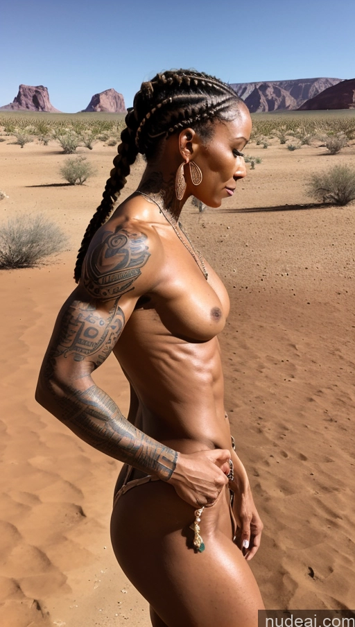 ai nude image of nude woman with braids in the desert with a desert background pics of Bodybuilder Desert Skinny Muscular Nude Small Tits Tattoos Nigerian 70s Braided Side View